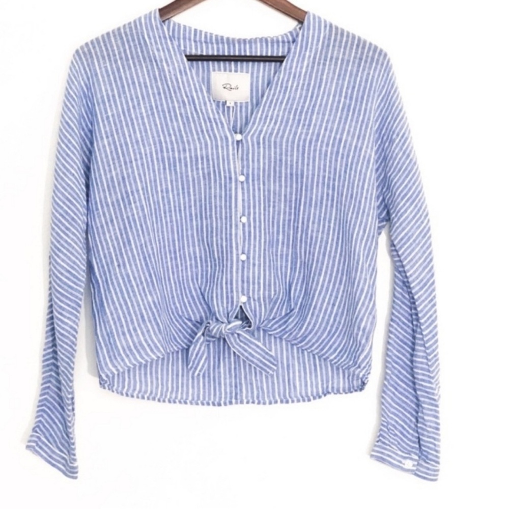 RAILS Sloane Linen Blue Azure Stripe Front Tie Top Shirt Large
